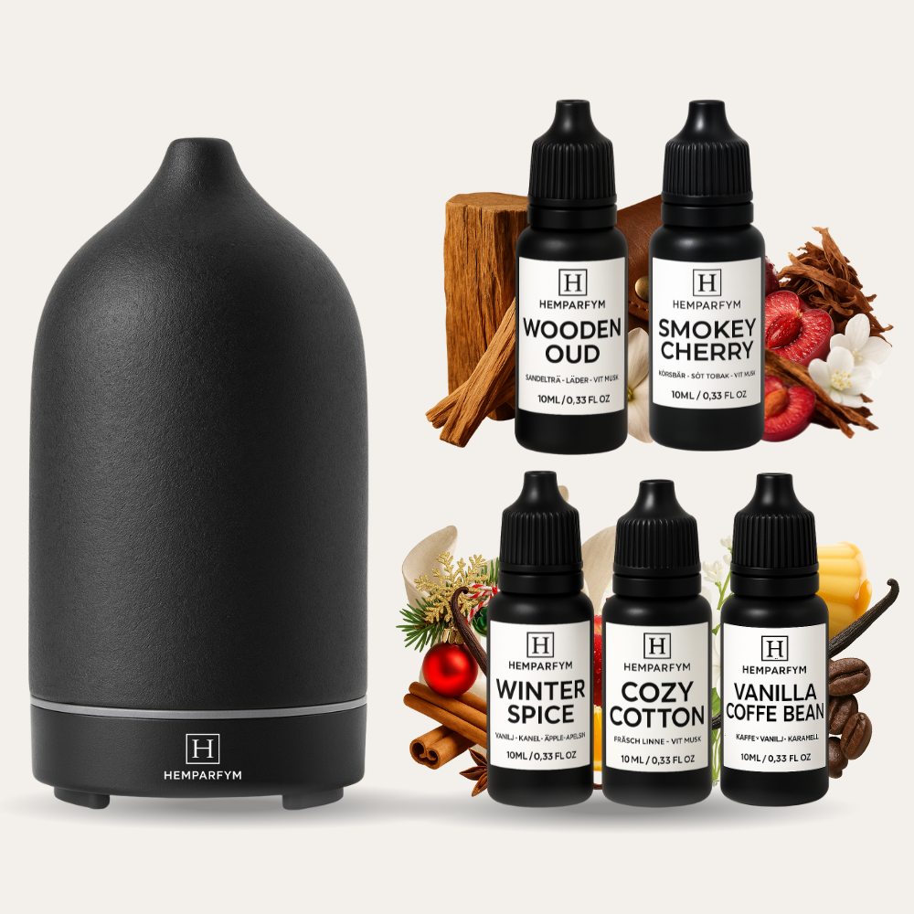 Keramisk svart diffuser med 5 doftoljor | Hemparfym